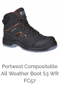 Portwest Compositelite All Weather Boots S3 WR FC57 in black with orange details and a link to the article.
