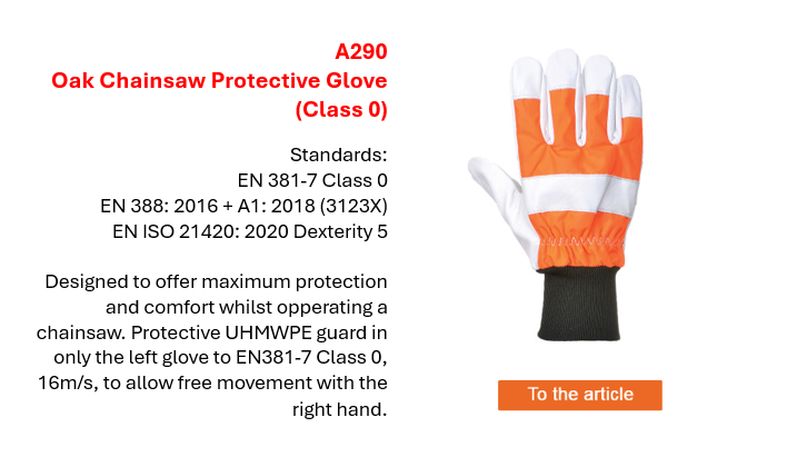 Image of the A290 chainsaw glove in orange with white and black details, featuring a short description of its properties and European safety standards.
