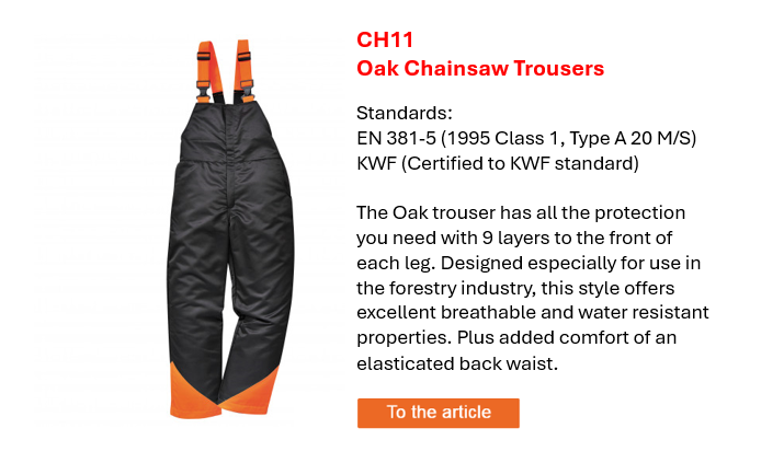 Image of the CH11 Oak bib trousers in black with orange accents alongside a short description of its features and relevant European standards.