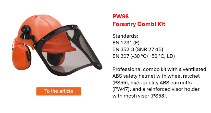 Image of the forestry combination set PW98 in orange with black details, including a short summary of its features and applicable European norms.
