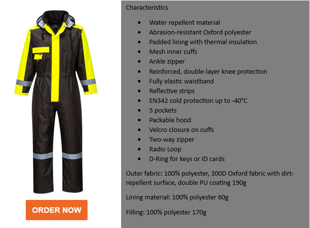 Preview of the winter coverall S585 in yellow and black with reflector stripes and a link to the article as well as a list of the coverall's features.