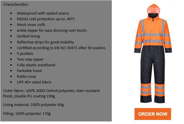 Example image of the lined Hi-Vis contrast overall S485 in black and orange with reflective stripes and a link to the article as well as a list of the overall's features.