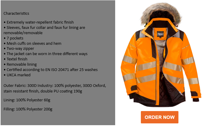Example image of the PW3 high-visibility winter parka PW369 in orange with reflective stripes, faux fur collar and a link to the article as well as a list of the article properties.