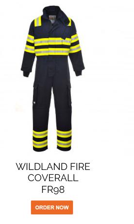 Blue flame-retardant overall Bizflame Forest Fire FR98 with warning yellow light strips and a link to the article.