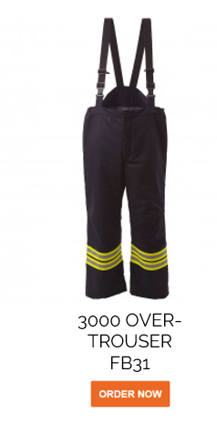 Blue fire suit overpants FB31 with warning yellow light stripes and a link that leads to the article page.