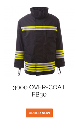 Blue fire suit overjacket FB30 with warning yellow light stripes and a link that leads to the article page.
