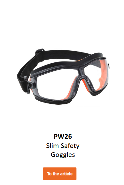 Image of Slim Safety Goggles PW26 in black with orange details. Linked to product page.