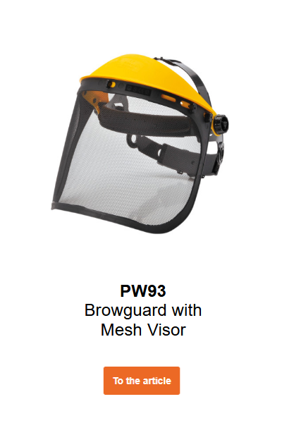 Image of headgear with mesh visor PW93 in yellow-black with mesh face shield. Linked to product page.