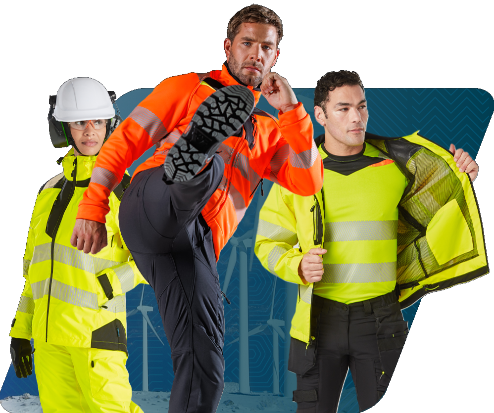 Two men and a woman in yellow and orange high-visibility clothing. The worker in the middle has his right foot extended into the camera and his fists clenched loosely. The link provided for our wide selection of different safety shoes.