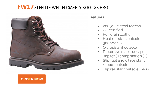 Example image of the Steelite welted safety boot SB HRO FW17 made of brown nubuck leather along with a list of the item features and an orange button with a link to the item.