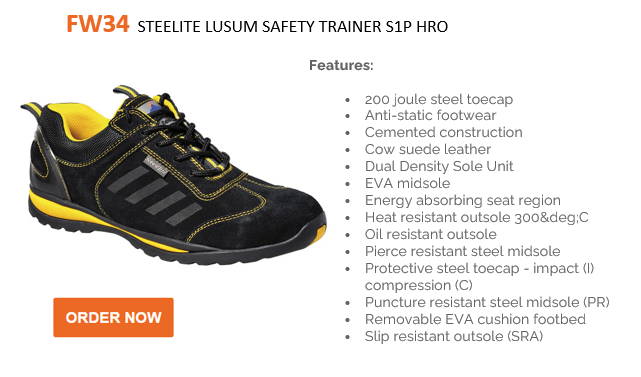 Example image of the Steelite Lusum safety trainer S1P HRO FW34 in black and yellow with a list of features and an orange button that takes you to the shoe's article page via the link provided.