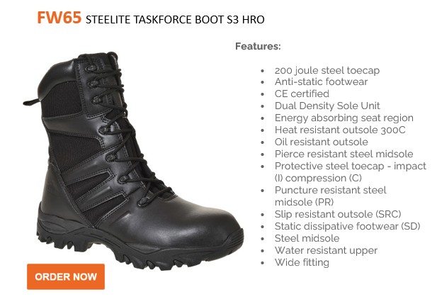 Example image of the Steelite Task Force boot S3 HRO FW65 in black along with a list of features and an orange button that leads to the boot's article page.