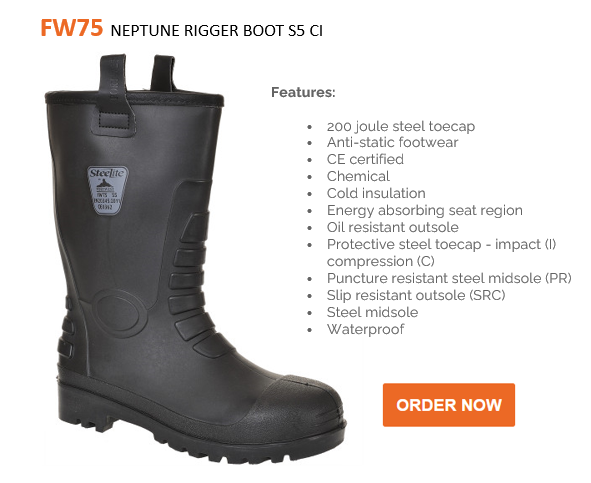 Example image of the S5 Neptune Rigger CI FW75 safety shoe in black along with a list of the item properties and a button in orange that redirects to the item page.