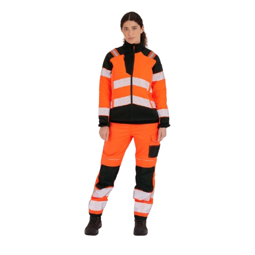 Female worker wearing orange and black workwear. She has brown hair and is looking directly at the camera. A link to the PW3 women's high-visibility stretch work trousers PW385 is included.