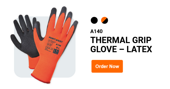 Sample image of the Thermo Grip glove A140 in orange/grey with a linked link to the article.