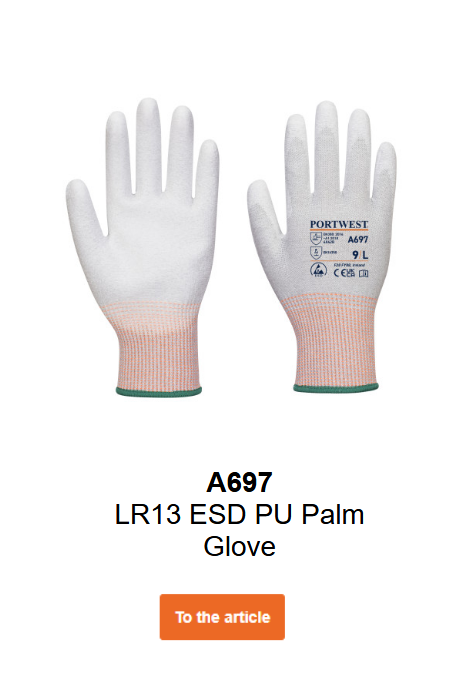Image of the LR13 ESD PU gloves A697 in white and light grey with orange details and green cuffs. Link to the product page available.