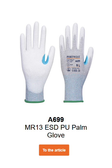 Image of the MR13 ESD PU gloves A699 in white and grey with blue details and green cuffs. Link to the product page available.