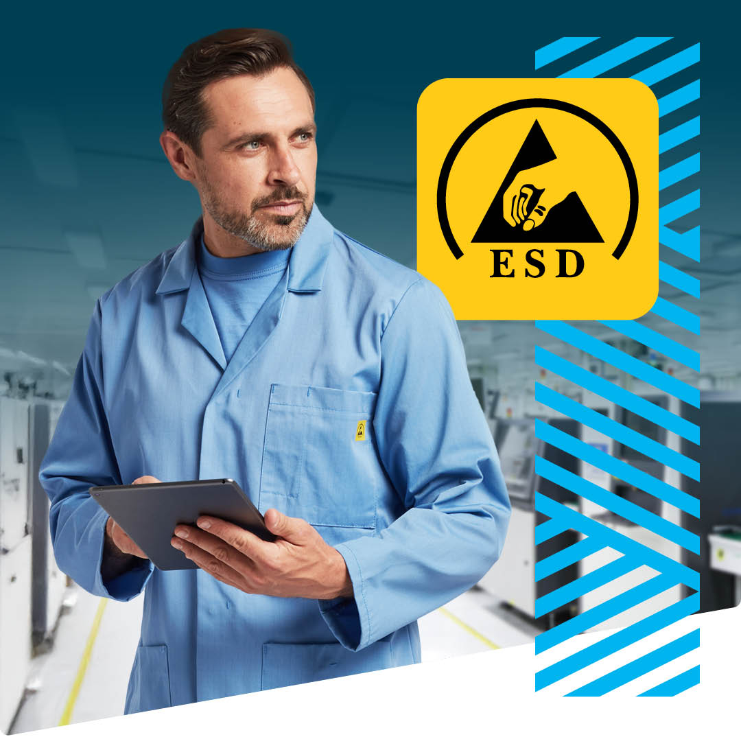A worker in a blue ESD protective jacket holds a tablet. Technical equipment is visible in the background. On the right, an aquamarine patterned stripe and a yellow square with an ESD symbol are visible.