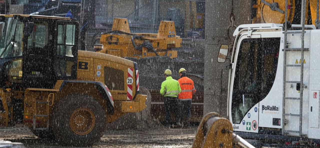 Two workers in high-visibility rain gear on a construction site with excavators and large machinery. It's raining.