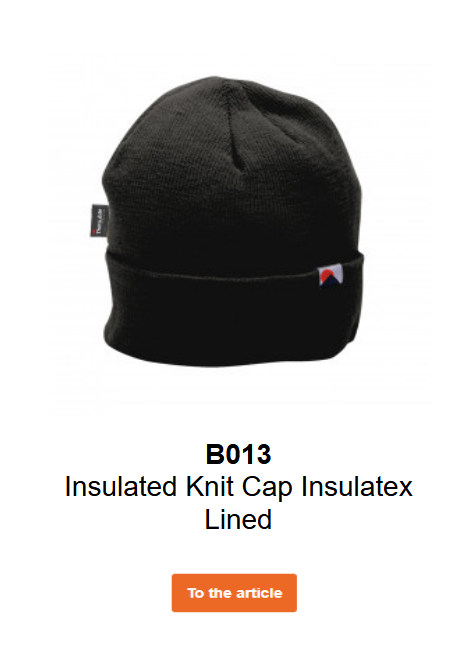 Image of the B013 Beanie with Insulatex lining in black. A link to the product page is included.