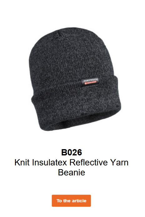 Image of the B026 Reflective knit beanie with Insulatex lining in grey. A link to the product page is included.