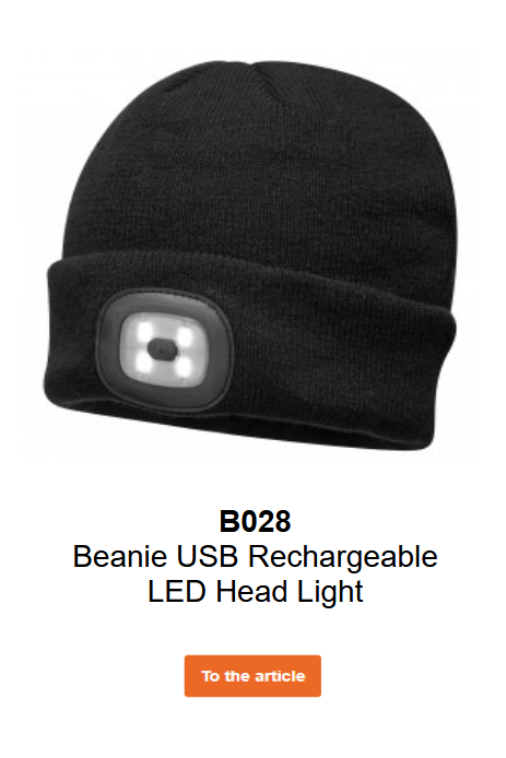 Image of the B028 Beanie with rechargeable dual LED in black. A link to the product page is included.