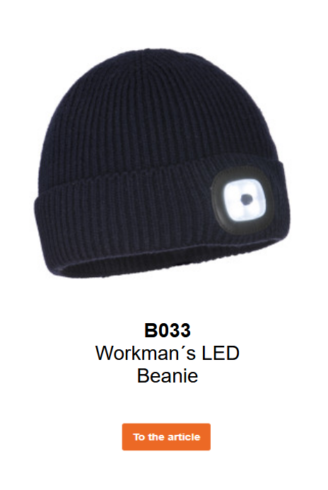 Image of the B033 LED Beanie for workers in black. A link to the product page is included.