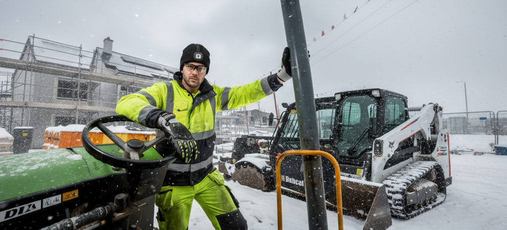 A construction worker wearing a winter jacket, reflective safety clothing, and LED hat works in the snow on a construction site.