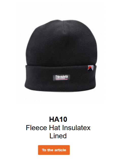 Image of the HA10 Fleece Beanie with Insulatex lining in black. A link to the product page is included.