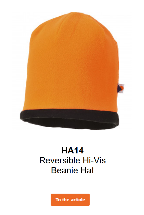 Image of the HA14 Hi-Vis reversible beanie in orange with black inside. A link to the product page is included.