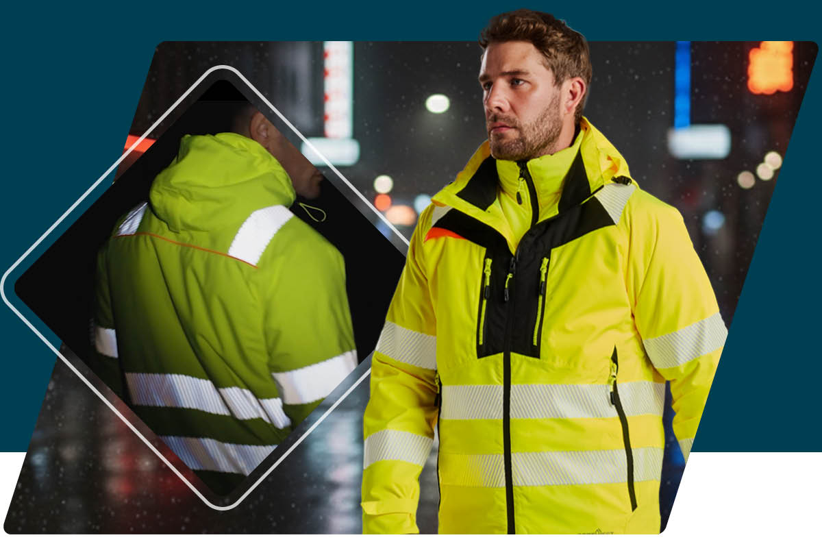 A worker wearing yellow high-visibility clothing with reflective stripes and black details. In the background there is a dark street with blurred lighting. On the left side of the image, the back view of the jacket is shown.