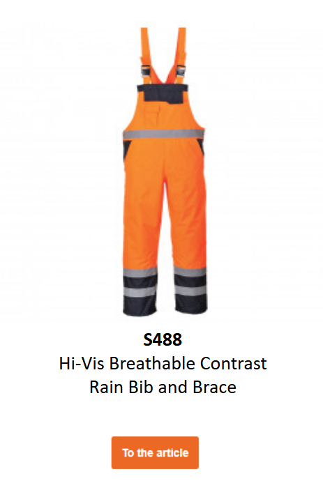 Image of the waterproof, breathable Hi-Vis Contrast Bib & Brace S488 in orange with black details and reflective stripes.