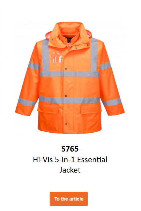 Image of the Hi-Vis 5-in-1 Jacket Essential in orange with black details and reflective stripes.