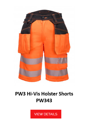 Image of the PW3 high-visibility shorts PW343 in orange with reflective stripes, black details and a link to the article.
