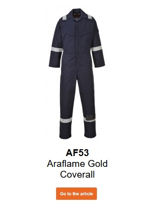 Image of the flame-retardant, antistatic Araflame Gold AF53 coverall in blue with a link to the product page.