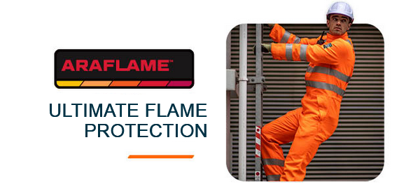 Black, red, and orange Araflame collection logo with the caption: Ultimate, inherent flame protection. Next to it is a square image of a worker in orange protective clothing and a white hard hat climbing a ladder. A link to our Araflame collection items is included.