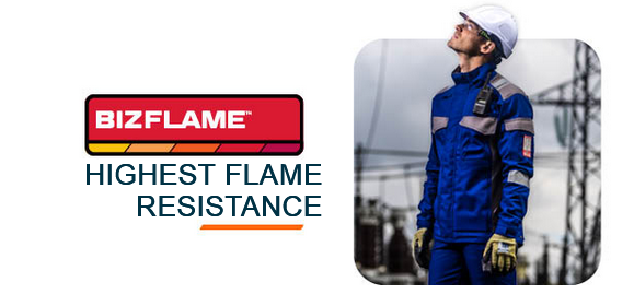 Red, black, and orange Bizflame collection logo with the caption: Highest Flame Retardant Resistance. Next to it is an image of a worker dressed in blue protective clothing, gloves, and a white hard hat, looking upwards. Power lines and a utility pole are visible in the background. A link to the Bizflame collection is included.