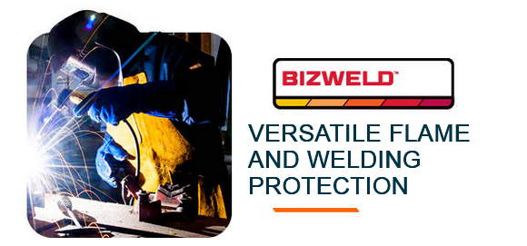 Square image of a person in welding gear, helmet, and gloves, holding a sparking welder and working on a piece of metal. To the right is the Bizweld logo in white, red, and orange tones and the caption: Versatile Flame and Welder Protection. A link to the items in the Bizweld collection is provided.