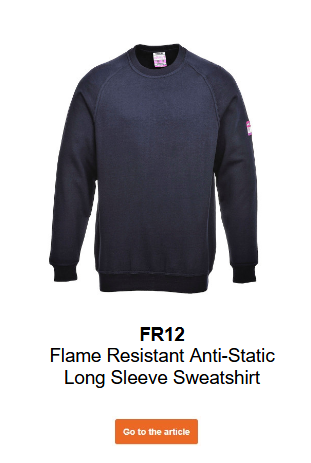 Image of the flame-retardant, antistatic Modaflame FR12 long-sleeved sweatshirt in blue with a link to the product page.