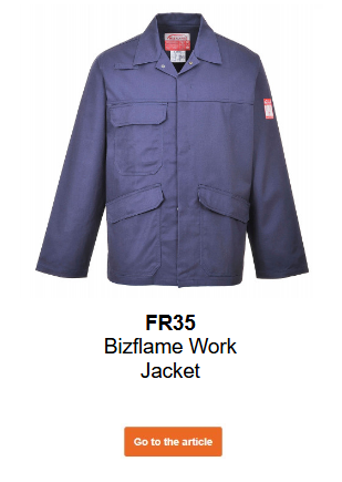 Image of the Bizflame Pro FR35 flame-retardant, anti-static jacket in blue with a link to the product page.