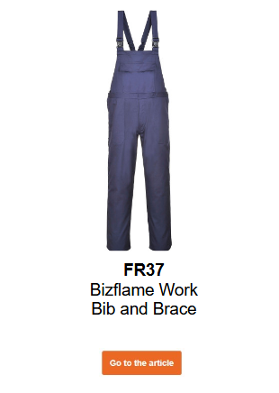 Image of the Bizflame Pro FR37 flame-retardant, anti-static bib overalls in blue with a link to the product page.