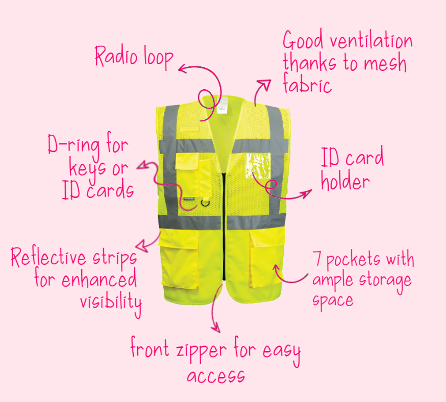 Overview of the features of the Executive High-Visibility Mesh Vest Madrid C496 with full product information.