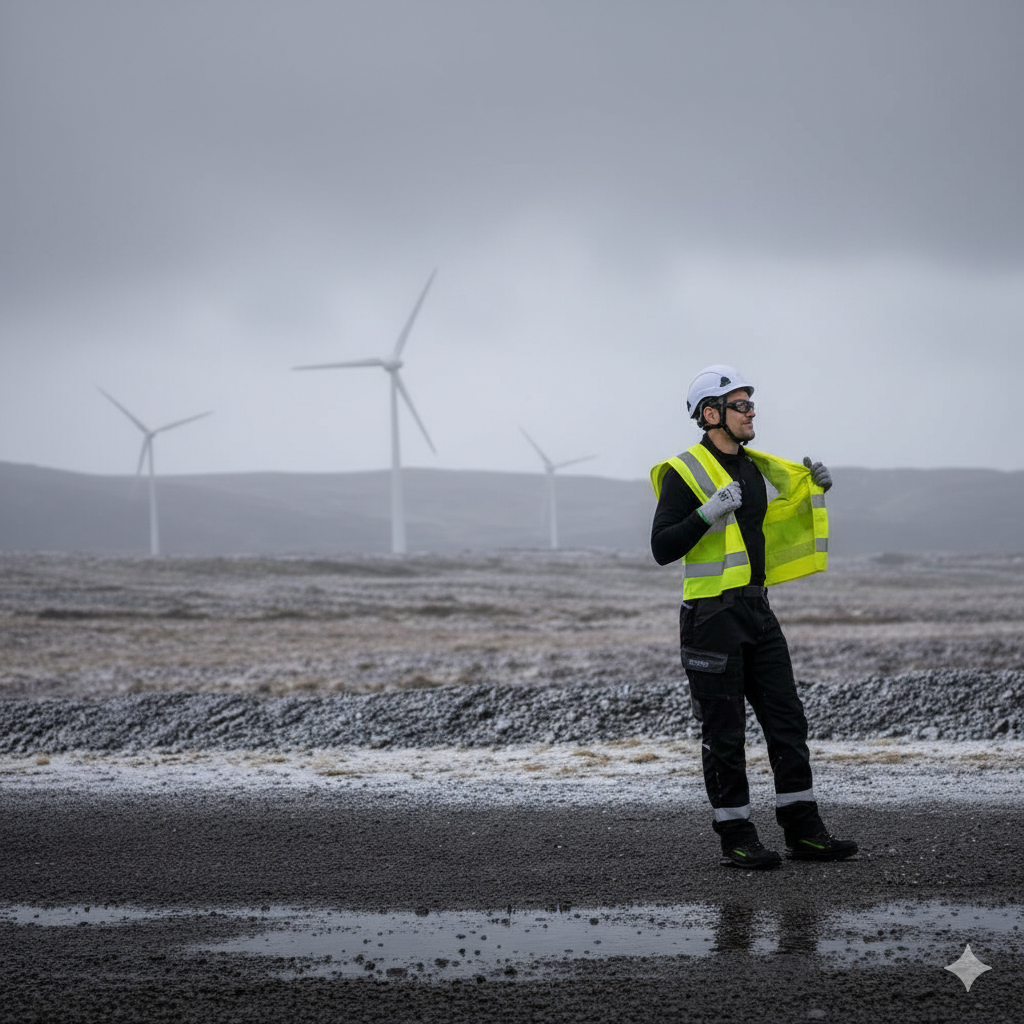 A worker wearing black workwear and a yellow high-visibility vest. He is wearing gloves and a white safety helmet. In the background, a snowy landscape with wind turbines can be seen.
