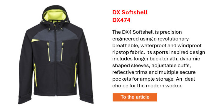 Image of the DX4 Softshell Jacket DX474 in black with gray and yellow details, along with a description of the key product features, which can be found on the product page. A link to the product page is provided.