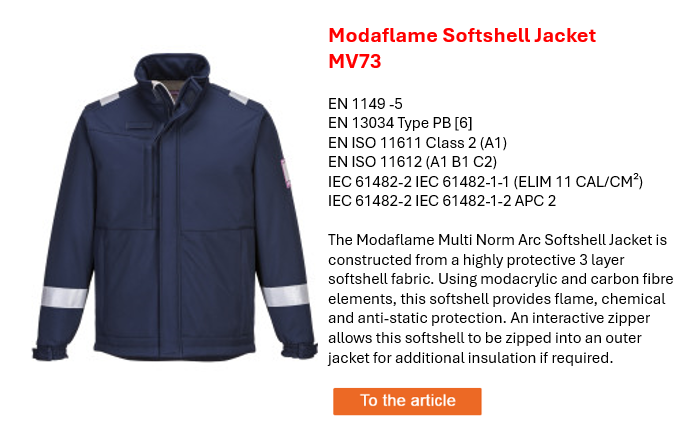 Image of the Modaflame softshell jacket MV73 in blue with reflective stripes, along with a description of the key product features, which can be found on the product page. A link to the product page is provided.