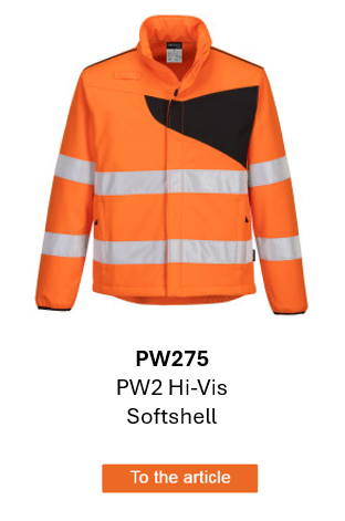 Image of the PW2 high-visibility softshell jacket PW275 in orange with black details and reflective stripes. A link to the product page is provided.