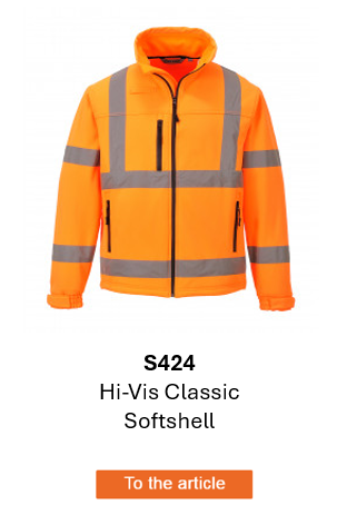 Image of the Classic Hi-Vis Softshell Jacket S424 in orange with reflective stripes. A link to the product page is provided.