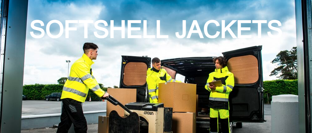 Three men in yellow softshell jackets with reflective stripes are working in front of an open delivery van with boxes and a pallet truck. 'SOFTSHELL JACKETS' is written in large white letters at the top of the image.