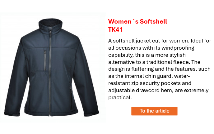 Image of the Women's Charlotte TK41 Softshell Jacket in blue, along with a description of the key product features, which can be found on the product page. A link to the product page is provided.