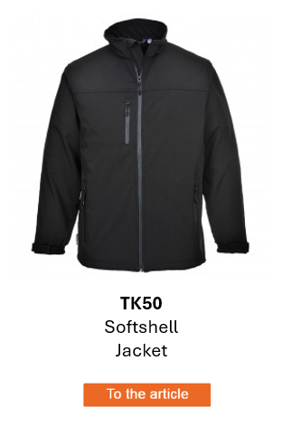 Image of the Waterproof TK50 Softshell Jacket in black, along with a link to the product page.